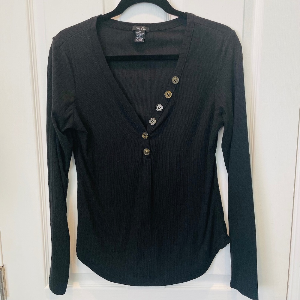 Rue Black Long Sleeve Plunge V-Neck Top XL